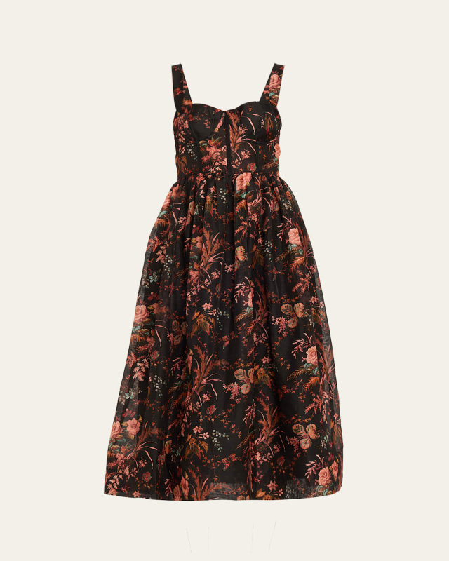 Phoebe Floral Linen and Silk Midi Bustier Dress